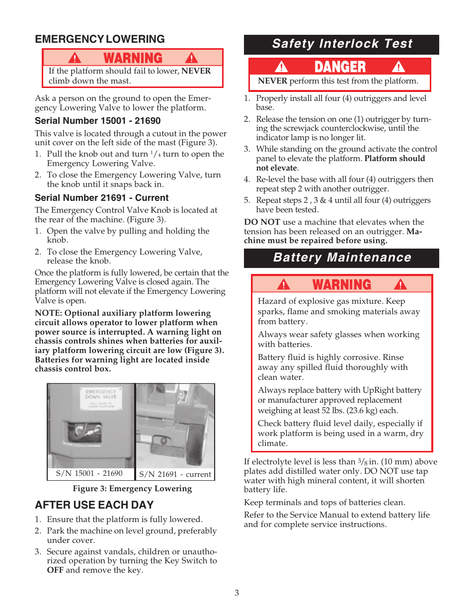 Safety interlock test, Battery maintenance, Emergency lowering | After use each day | Snorkel ULII40-sn15001+ User Manual | Page 3 / 8