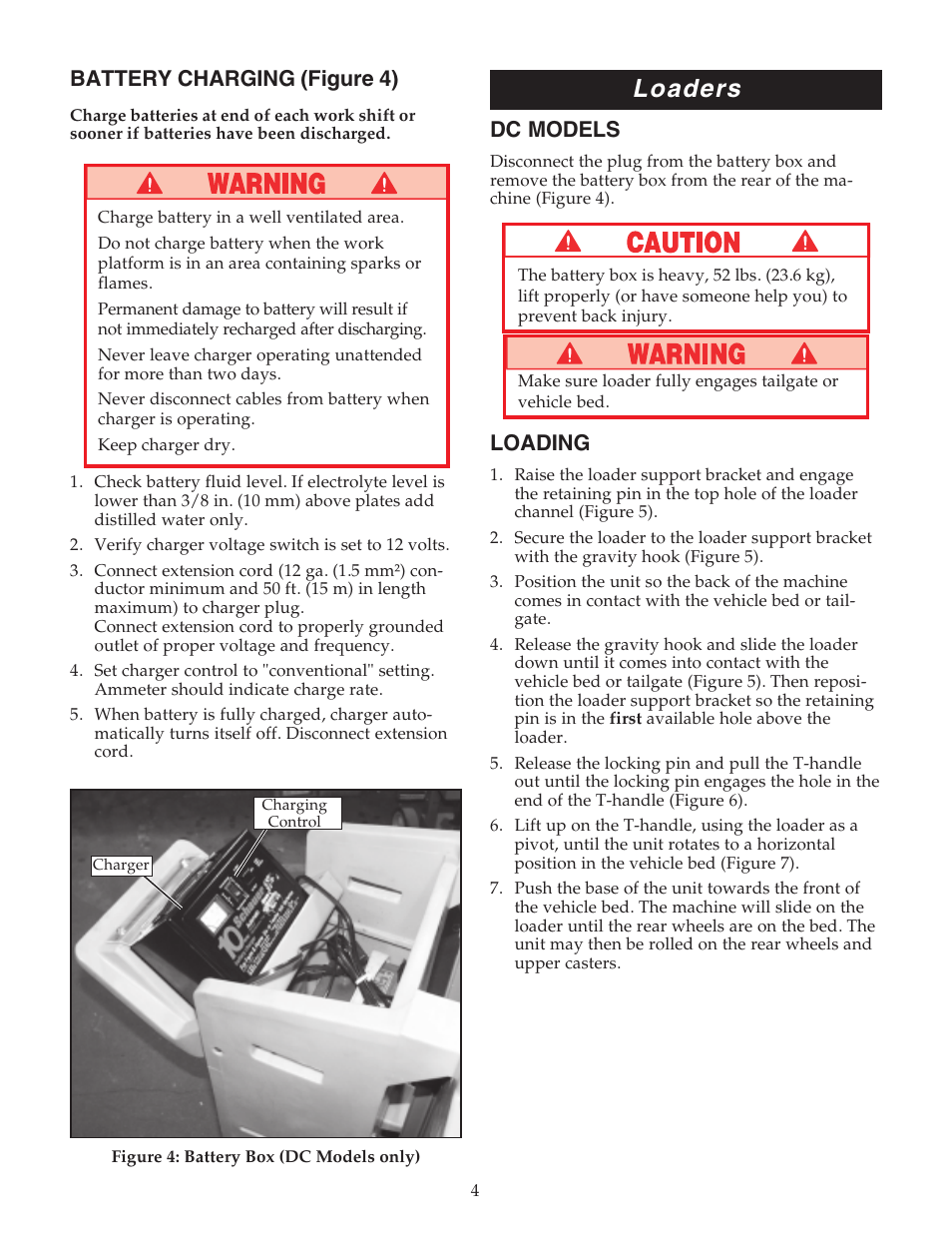 Loaders, Dc models, Loading | Battery charging (figure 4) | Snorkel ULII40-sn15001+ User Manual | Page 4 / 8