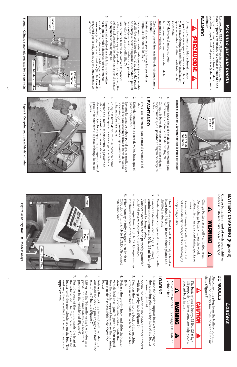 Loaders, Pasando por una puerta, Battery charging (f igure 3) | Dc models, Loading, Bajando, Levantando | Snorkel ULII40-sn15001-21372 User Manual | Page 12 / 17