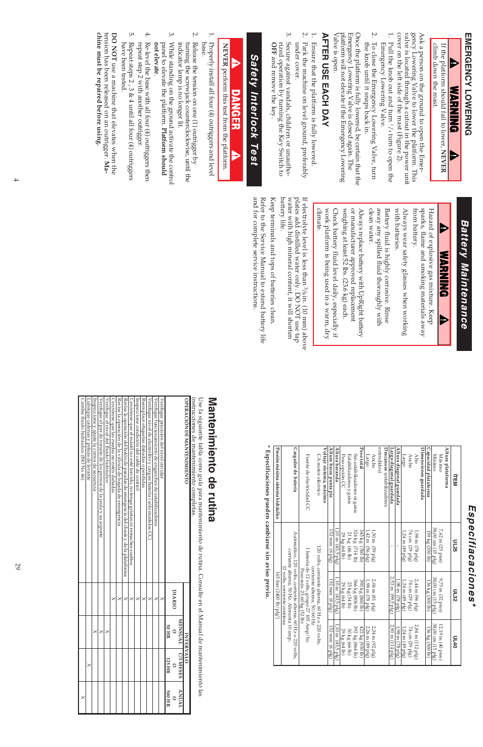 Mantenimiento de rutina, Safety interlock test, Battery maintenance | Especifiacaciones, Emergency lowering, After use each day | Snorkel ULII40-sn15001-21372 User Manual | Page 13 / 17