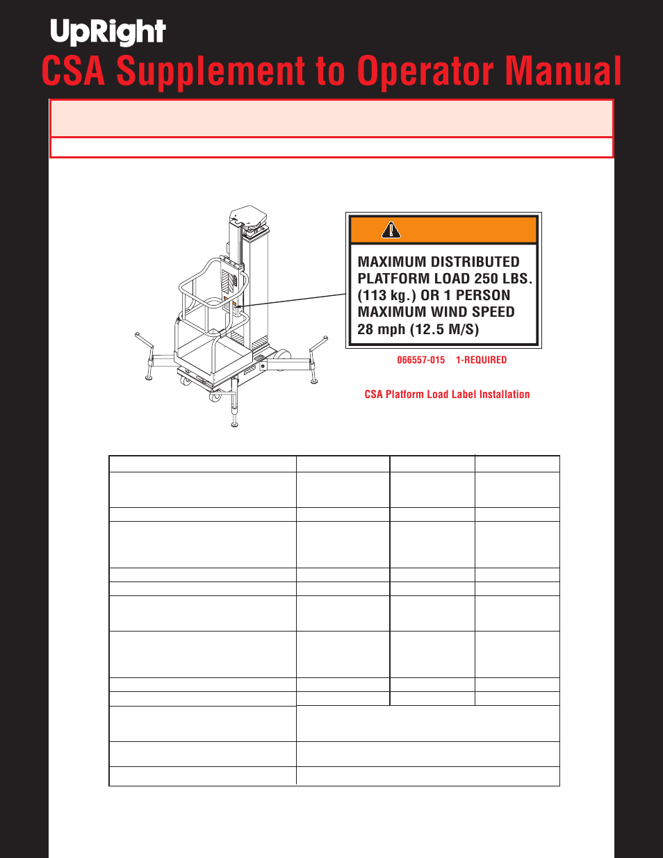 Csa supplement to operator manual, Warning, Specifications | Snorkel ULII40-sn15001-21372 User Manual | Page 17 / 17