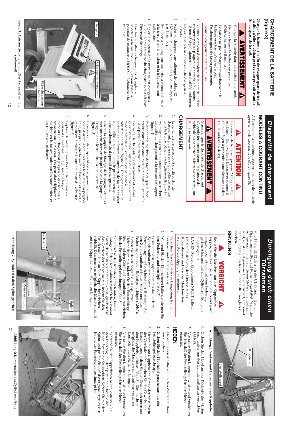 Dispositif de chargement, Durchgang durch einen türrahmen, Modèles à courant continu | Chargement, Chargement de la batterie (figure 3), Senkung, Heben | Snorkel ULII40-sn15001-21372 User Manual | Page 5 / 17