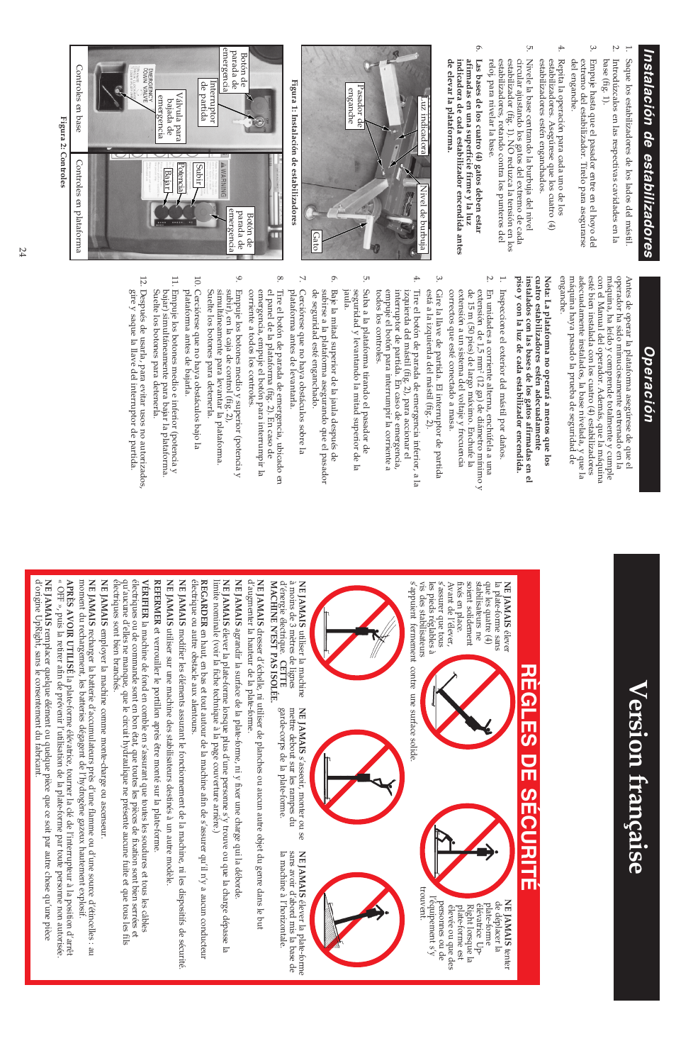 Version française, Règles de sécurité, Instalación de estabilizadores | Operación | Snorkel ULII40-sn15001-21372 User Manual | Page 8 / 17