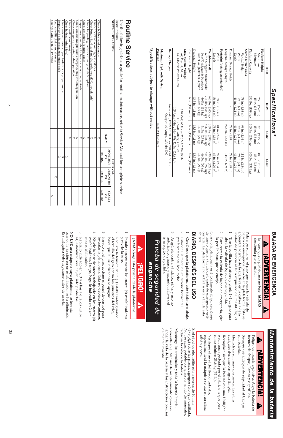 Routine service, Specifications, Prueba de seguridad de enganche | Mantenimiento de la batería, Bajada de emergencia, Diario, después del uso | Snorkel ULII40-sn15001-21372 User Manual | Page 9 / 17