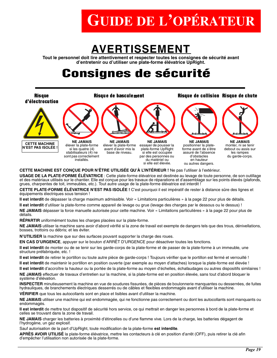 Uide, Opérateur, Avertissement | Consignes de sécurité | Snorkel ULII40-sn21691+ User Manual | Page 21 / 60