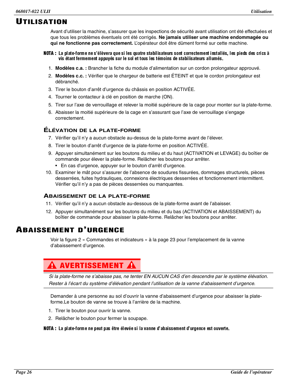 Avertissement, Tilisation, Baissement | Urgence | Snorkel ULII40-sn21691+ User Manual | Page 28 / 60
