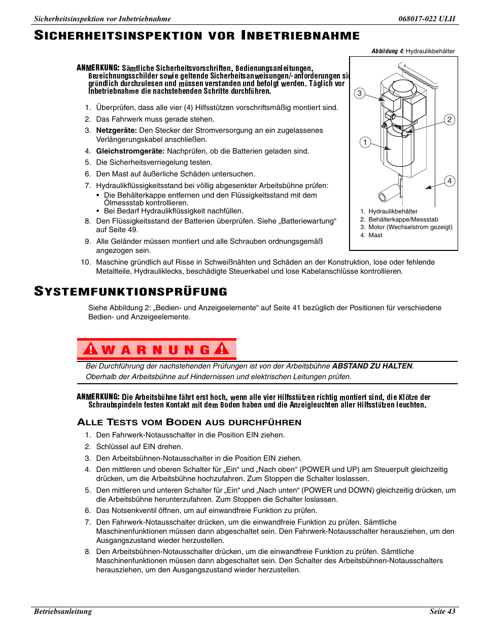 Icherheitsinspektion, Nbetriebnahme, Ystemfunktionsprüfung | Snorkel ULII40-sn21691+ User Manual | Page 45 / 60