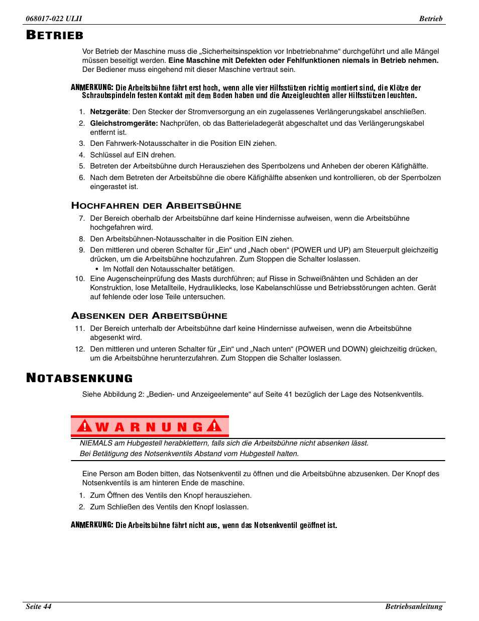 Etrieb, Otabsenkung | Snorkel ULII40-sn21691+ User Manual | Page 46 / 60