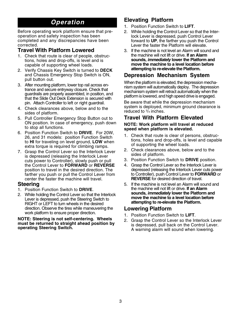 Operation, Travel with platform lowered, Steering | Elevating platform, Depression mechanism system, Travel with platform elevated, Lowering platform | Snorkel X Series-sn13600-15019 User Manual | Page 3 / 12