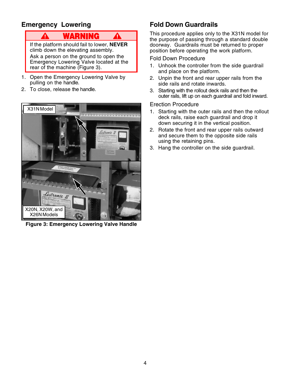 Emergency lowering, Fold down guardrails | Snorkel X Series-sn13600-15019 User Manual | Page 4 / 12