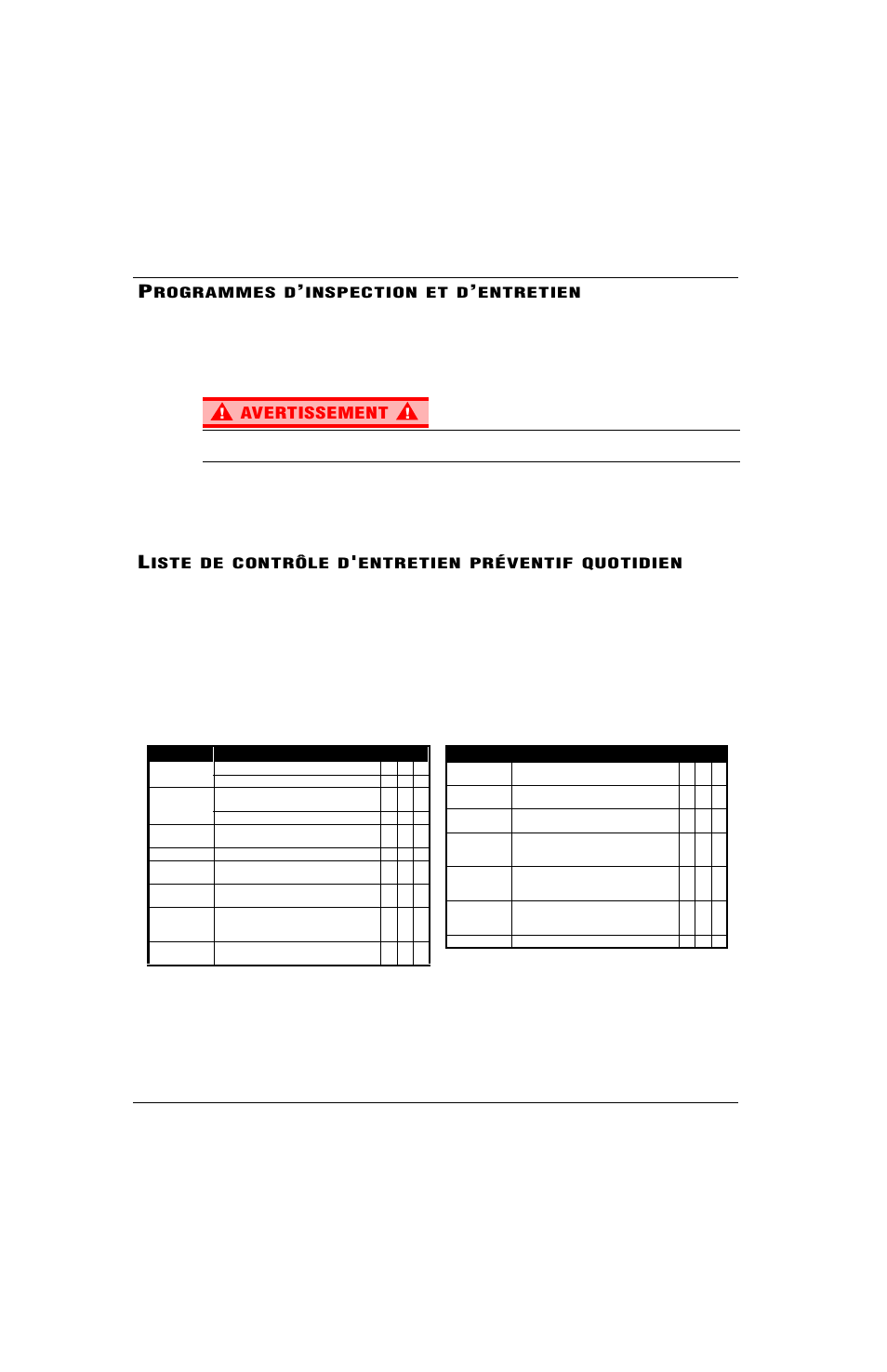 Avertissement, Rogrammes d, Inspection et d | Entretien, Iste de contrôle d, Entretien préventif quotidien | Snorkel X Series-sn17280-17572 User Manual | Page 38 / 64