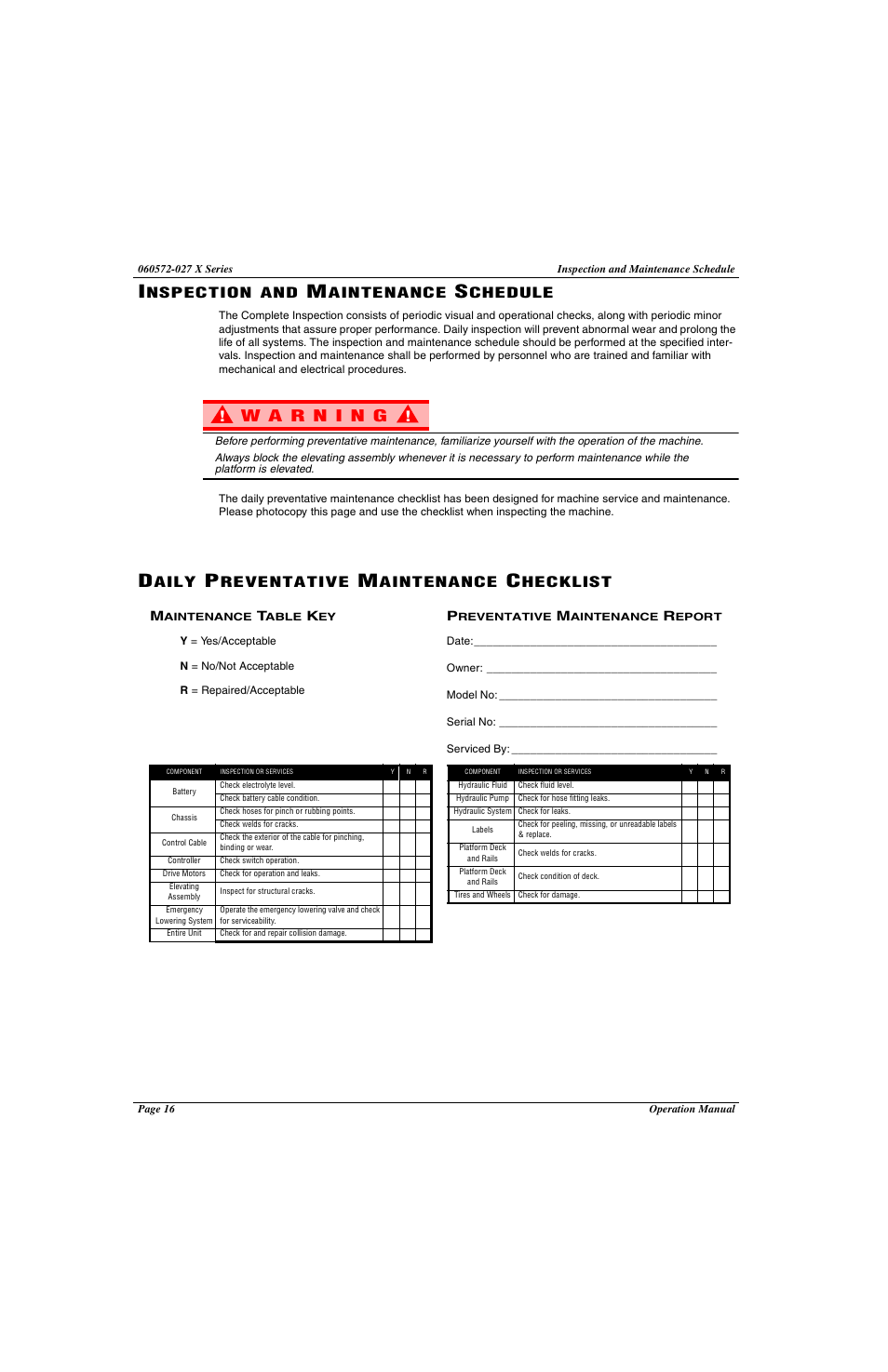 Nspection and, Aintenance, Chedule | Aily, Reventative, Hecklist | Snorkel X Series-sn17573-19999 User Manual | Page 18 / 64