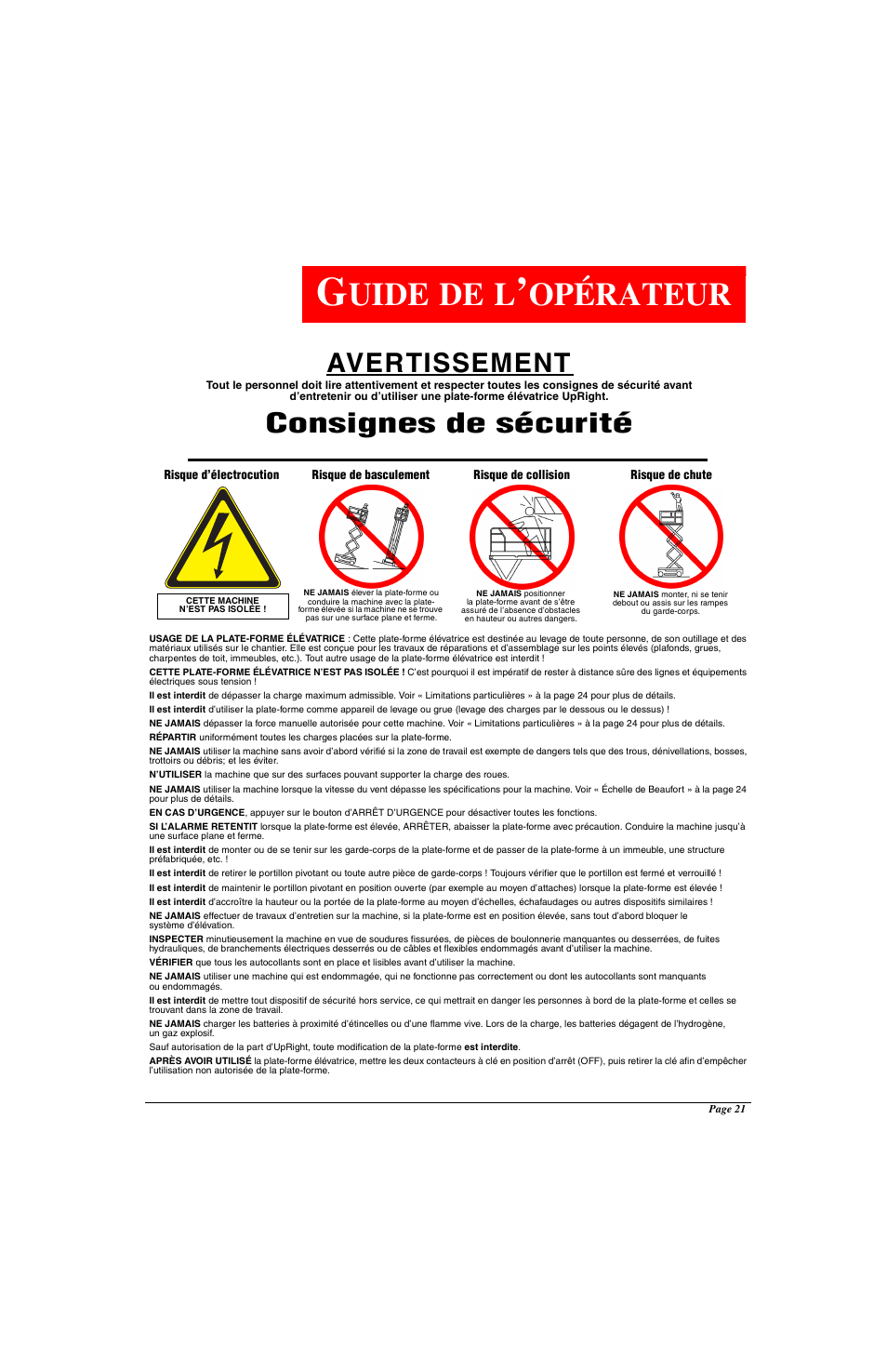 Uide de l, Opérateur, Avertissement | Consignes de sécurité | Snorkel X Series-sn17573-19999 User Manual | Page 23 / 64