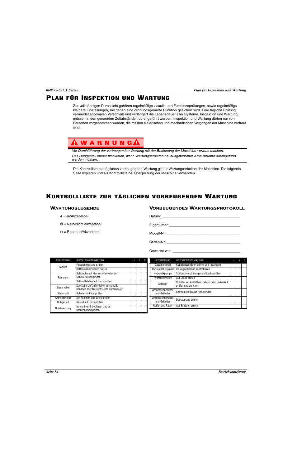 Lan für, Nspektion und, Artung | Ontrollliste zur täglichen vorbeugenden | Snorkel X Series-sn17573-19999 User Manual | Page 58 / 64