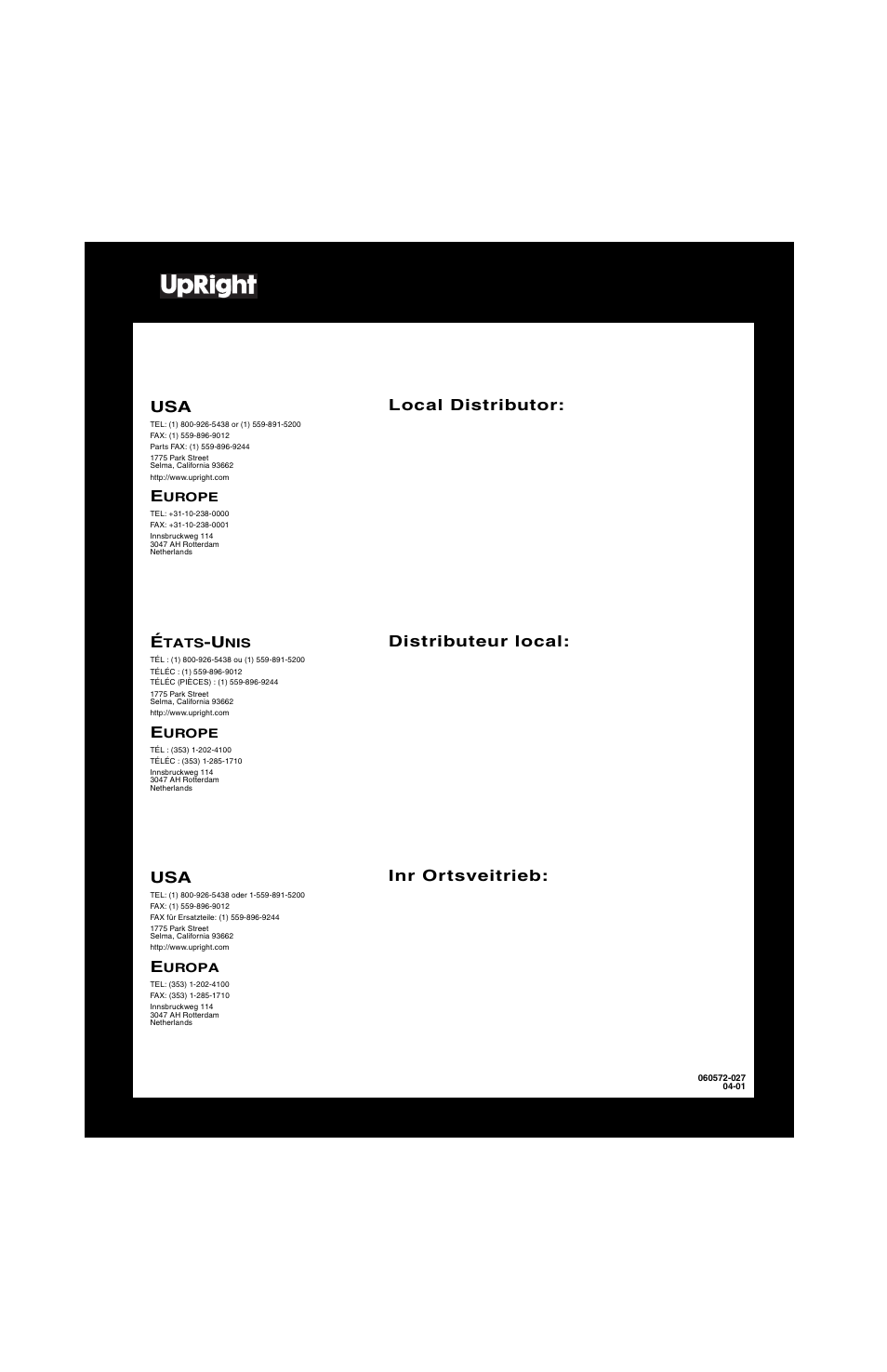 Local distributor: é, Distributeur local: usa, Inr ortsveitrieb | Snorkel X Series-sn17573-19999 User Manual | Page 64 / 64