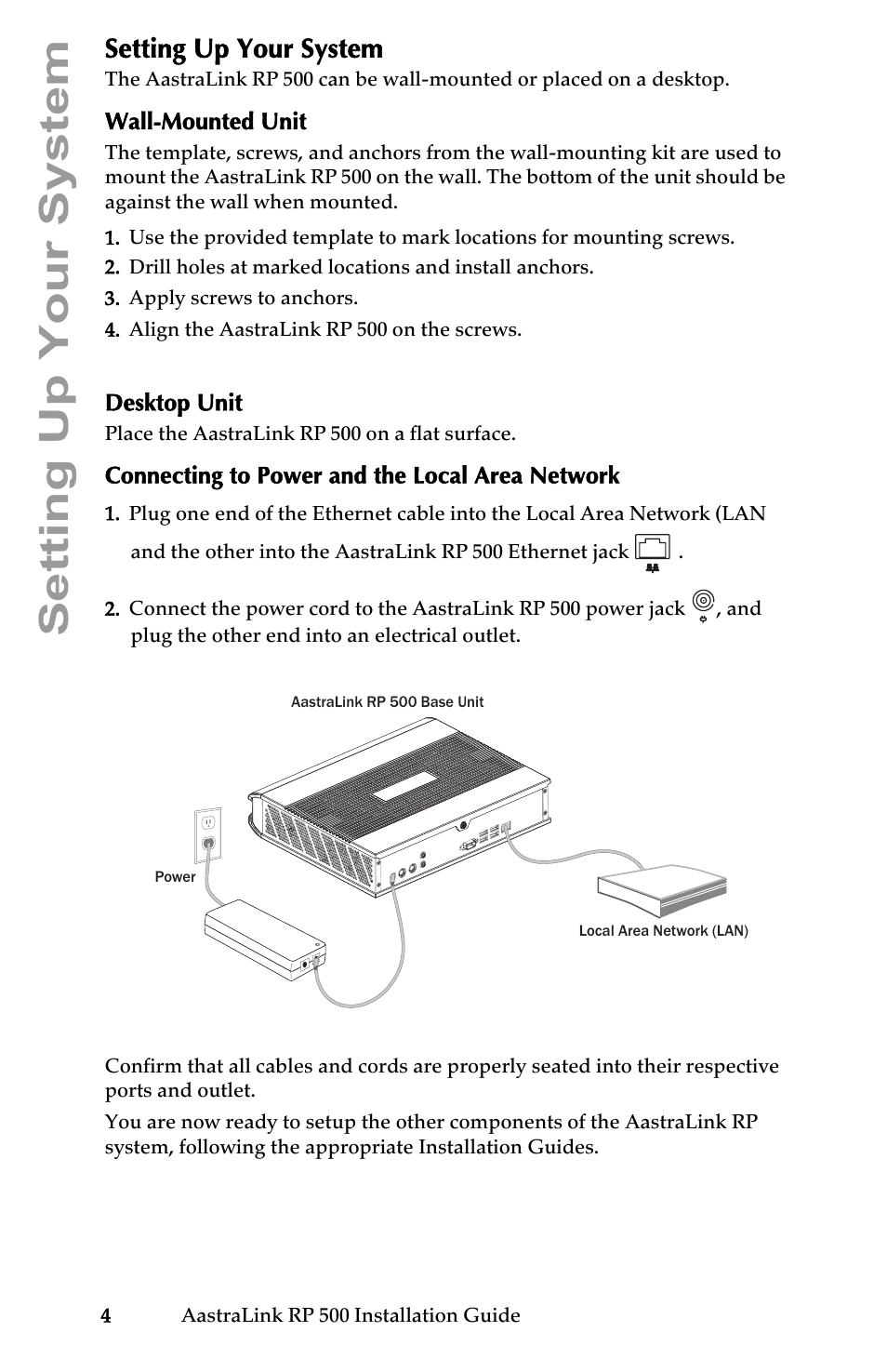 Setting up your system, Wall-mounted unit, Desktop unit | Connecting to power and the local area network | Aastra Telecom AastraLink RP 500 User Manual | Page 10 / 16