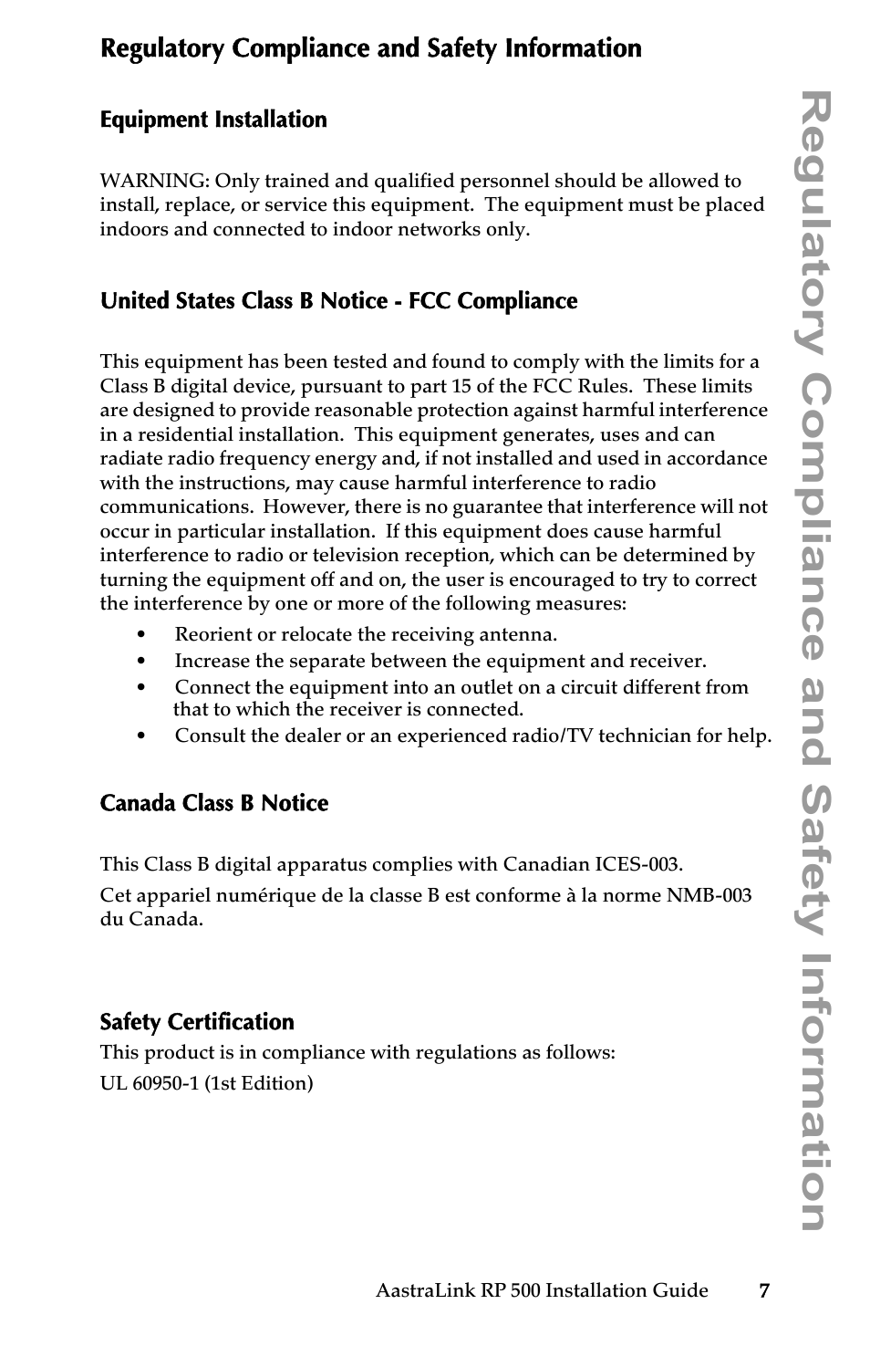 Regulatory compliance and safety information, Equipment installation, United states class b notice - fcc compliance | Canada class b notice, Safety certification | Aastra Telecom AastraLink RP 500 User Manual | Page 13 / 16