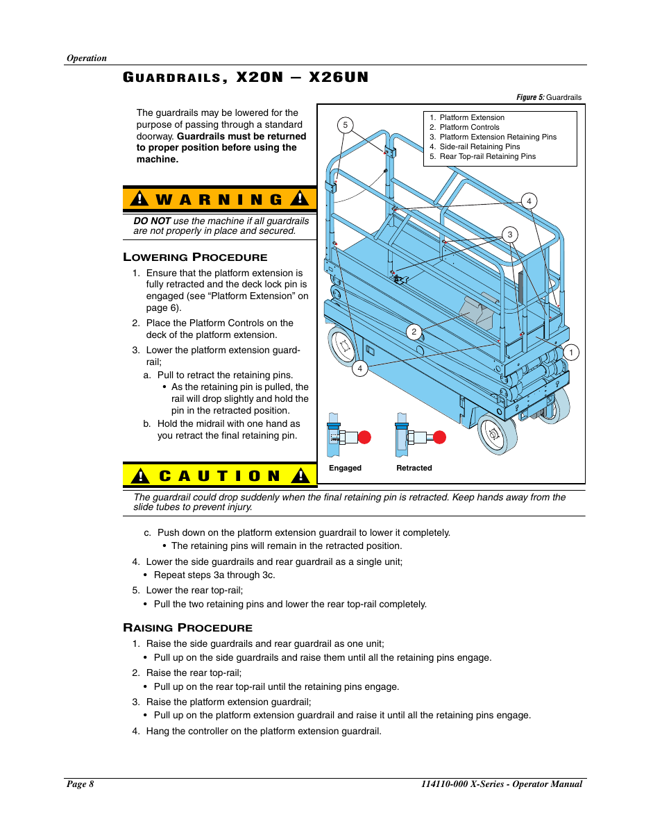 Guardrails, x20n – x26un, Lowering procedure, Raising procedure | X 2 0 n – x 2 6 u n | Snorkel X Series-sn20000+ User Manual | Page 10 / 24