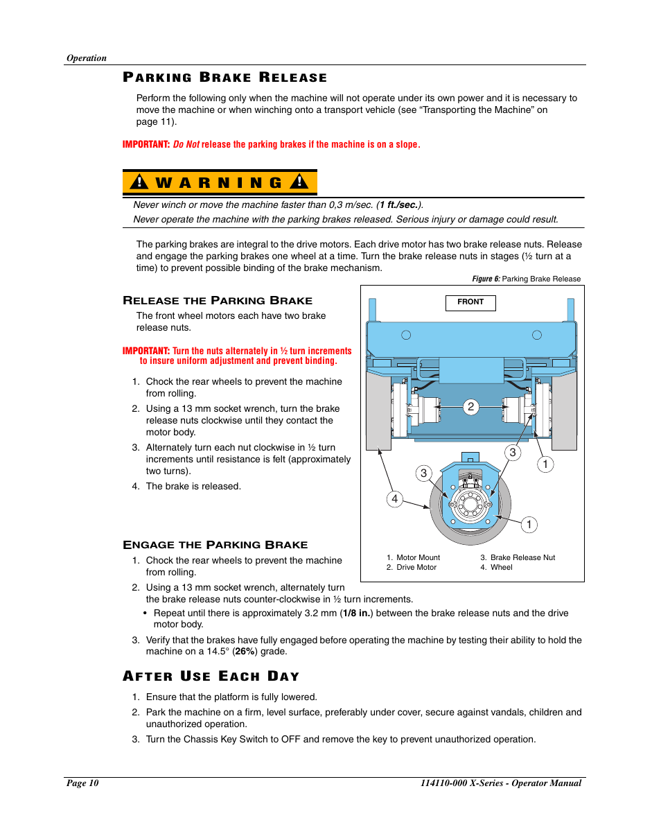 Parking brake release, Release the parking brake, Engage the parking brake | After use each day | Snorkel X Series-sn20000+ User Manual | Page 12 / 24
