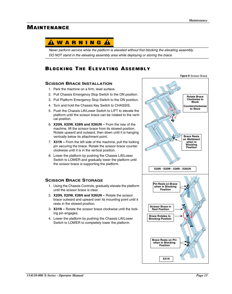 Maintenance, Blocking the elevating assembly, Scissor brace installation | Scissor brace storage, Aintenance | Snorkel X Series-sn20000+ User Manual | Page 15 / 24