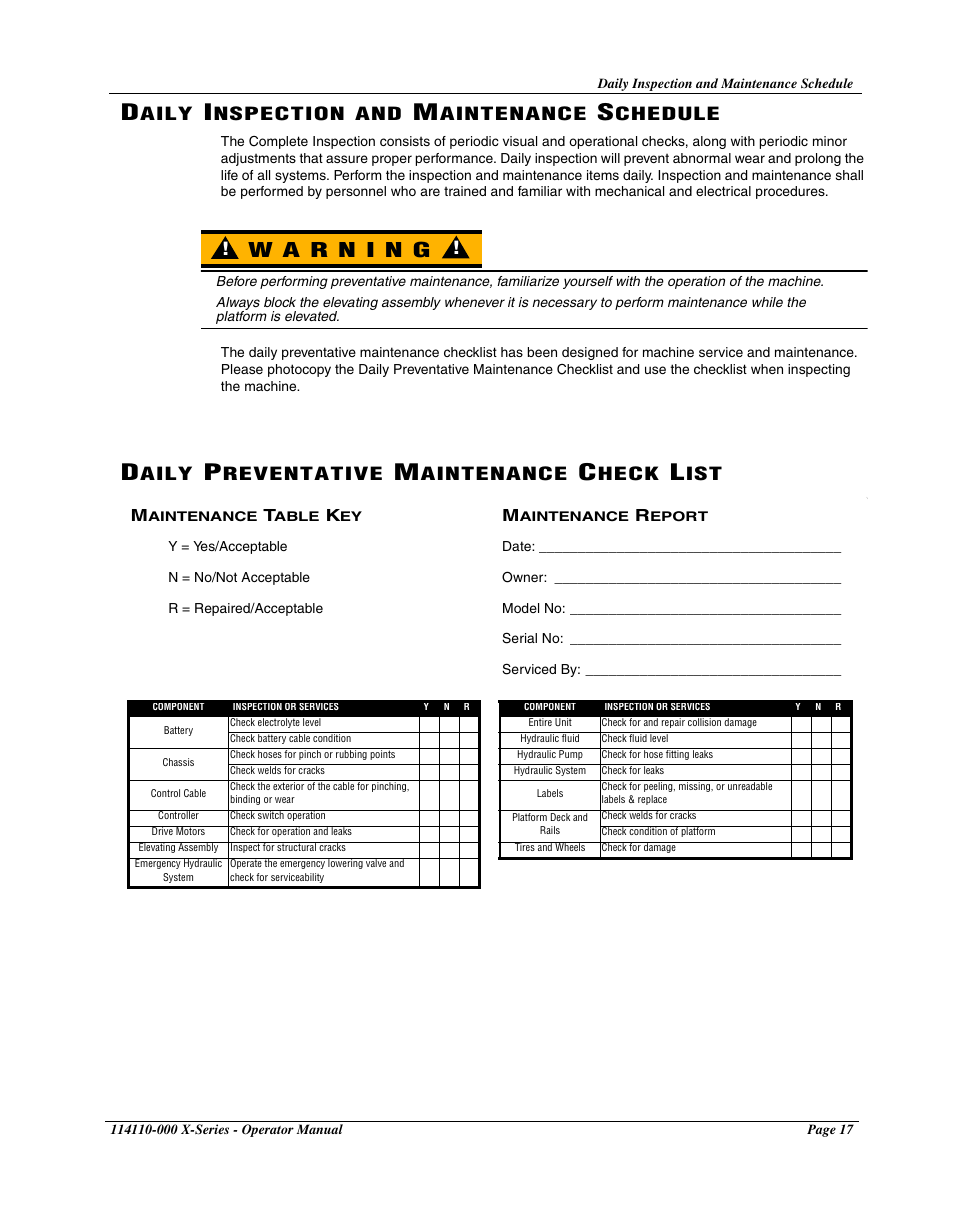 Daily inspection and maintenance schedule, Daily preventative maintenance check list, Maintenance table key | Maintenance report, Aily, Nspection, Aintenance, Chedule, Reventative, Heck | Snorkel X Series-sn20000+ User Manual | Page 19 / 24