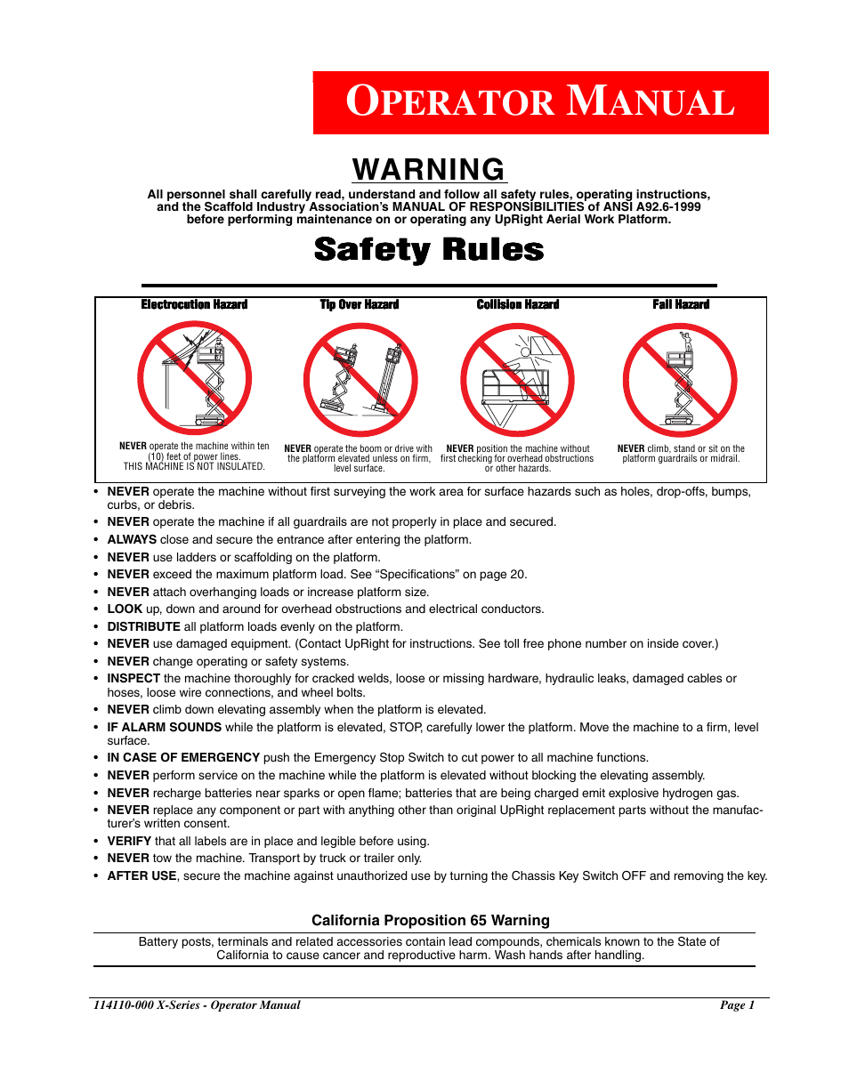 Operator manual, Perator, Anual | Warning, Safety rules | Snorkel X Series-sn20000+ User Manual | Page 3 / 24