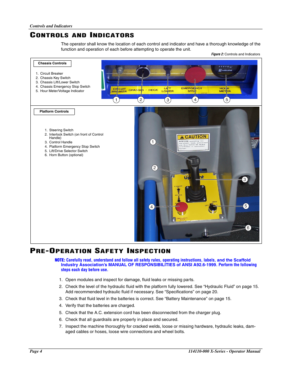 Controls and indicators, Pre-operation safety inspection | Snorkel X Series-sn20000+ User Manual | Page 6 / 24