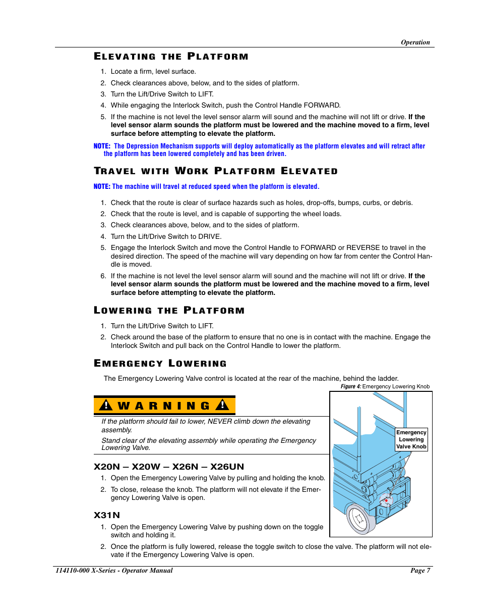 Elevating the platform, Travel with work platform elevated, Lowering the platform | Emergency lowering, X20n – x20w – x26n – x26un, X31n | Snorkel X Series-sn20000+ User Manual | Page 9 / 24