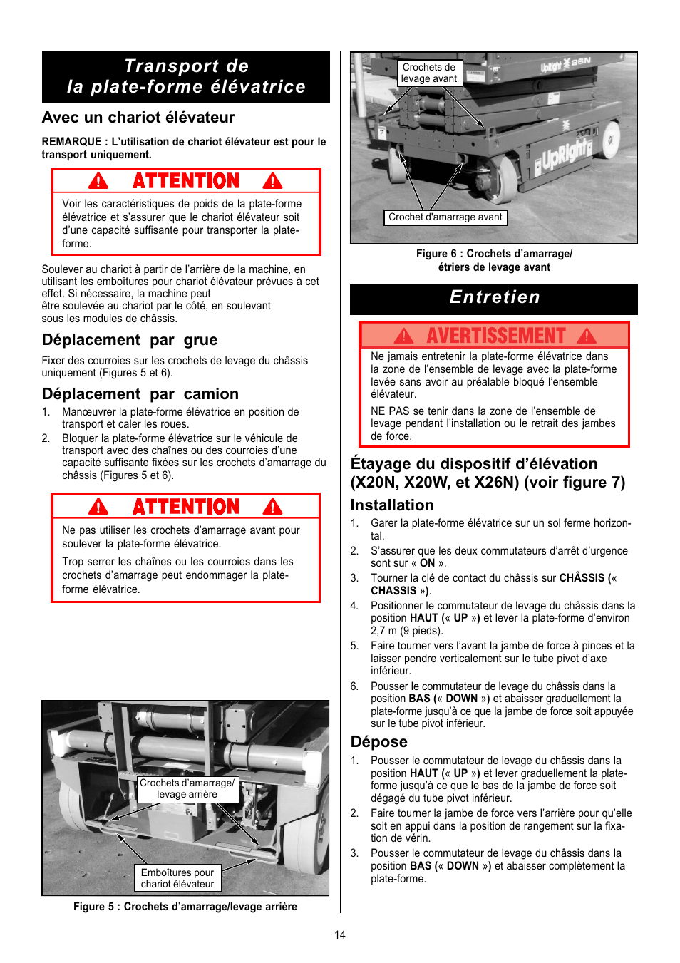 Transport de la plate-forme élévatrice, Entretien, Avec un chariot élévateur | Déplacement par grue, Déplacement par camion, Dépose | Snorkel X Series-sn6013-15019 User Manual | Page 14 / 36