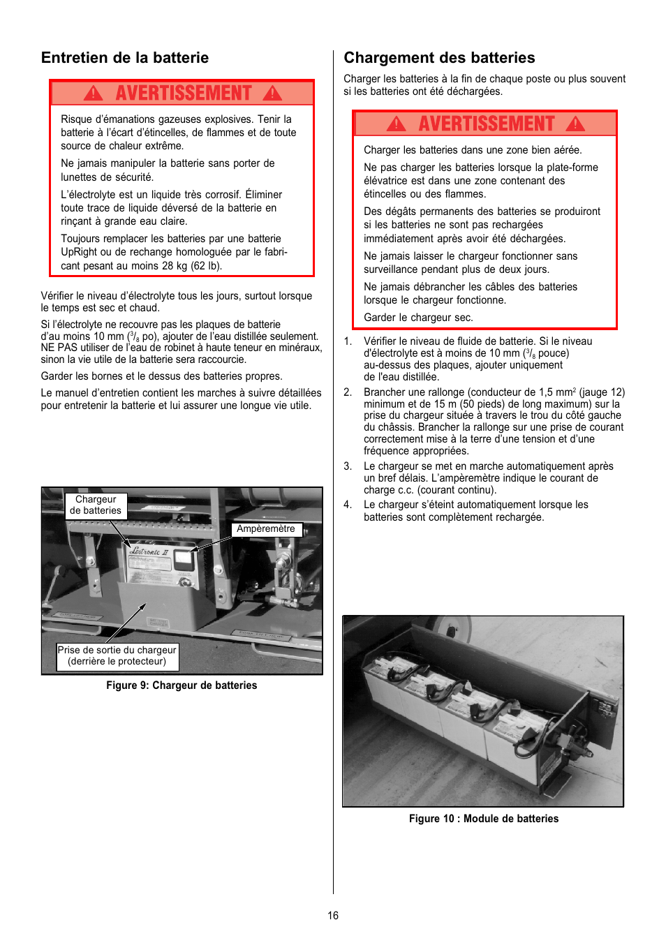 Entretien de la batterie, Chargement des batteries | Snorkel X Series-sn6013-15019 User Manual | Page 16 / 36