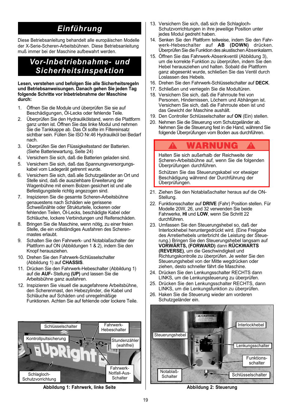 Einführung, Vor-inbetriebnahme- und sicherheitsinspektion | Snorkel X Series-sn6013-15019 User Manual | Page 19 / 36