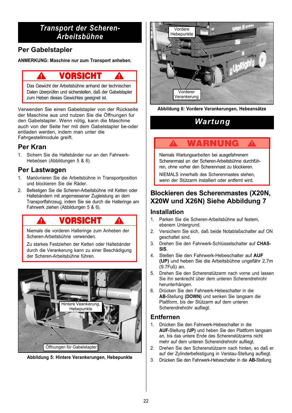 Transport der scheren- arbeitsbühne, Wartung, Per gabelstapler | Per kran, Per lastwagen | Snorkel X Series-sn6013-15019 User Manual | Page 22 / 36