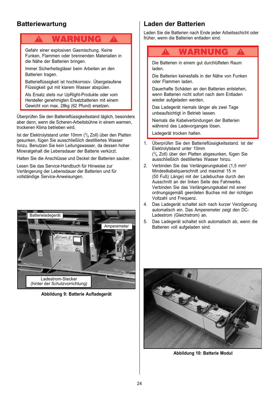 Batteriewartung, Laden der batterien | Snorkel X Series-sn6013-15019 User Manual | Page 24 / 36