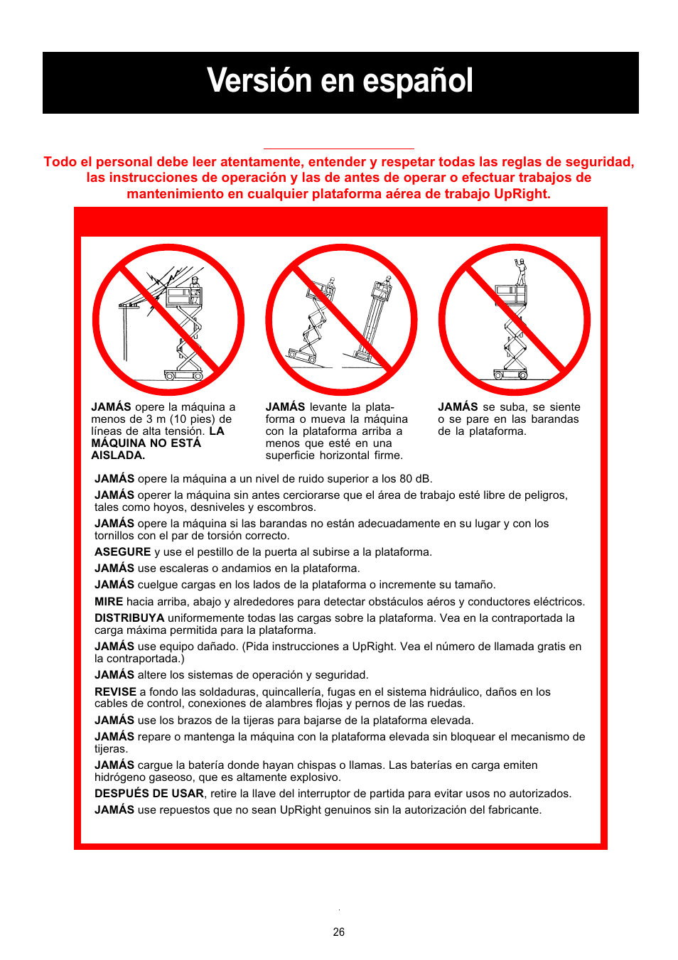 Versión en español, Reglas de seguridad, Advertencia | Snorkel X Series-sn6013-15019 User Manual | Page 26 / 36