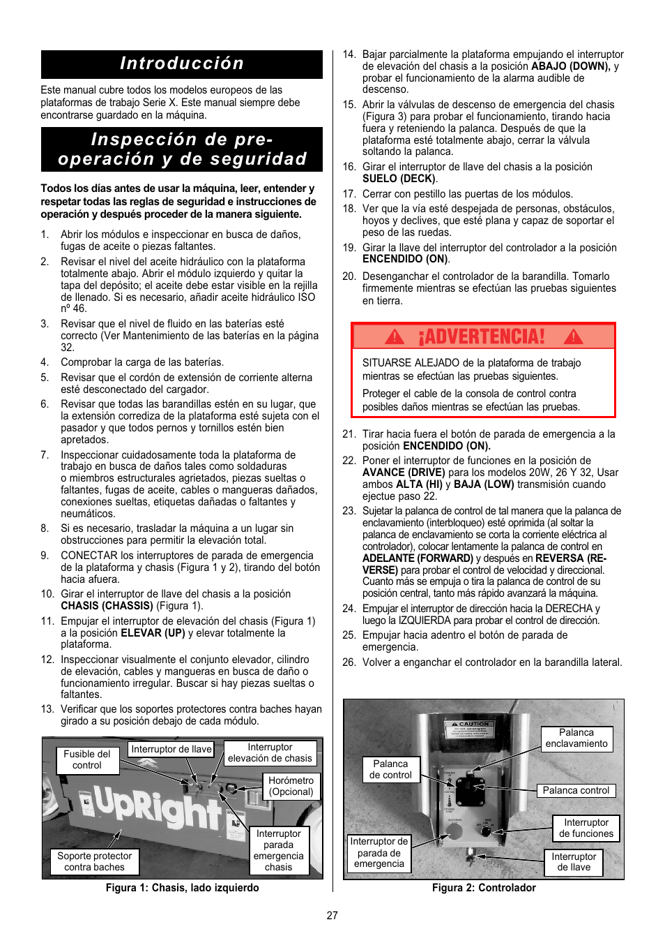 Introducción, Inspección de pre- operación y de seguridad | Snorkel X Series-sn6013-15019 User Manual | Page 27 / 36