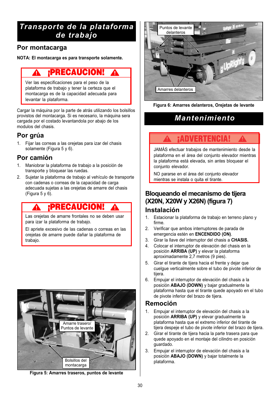 Transporte de la plataforma de trabajo, Mantenimiento, Por montacarga | Por grúa, Por camión, Remoción | Snorkel X Series-sn6013-15019 User Manual | Page 30 / 36