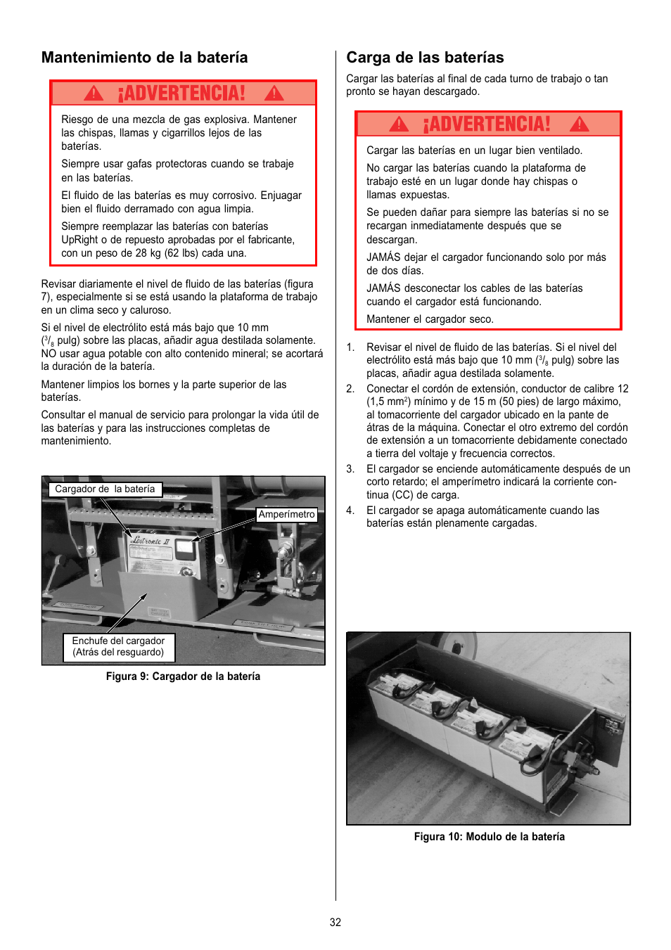 Mantenimiento de la batería, Carga de las baterías | Snorkel X Series-sn6013-15019 User Manual | Page 32 / 36