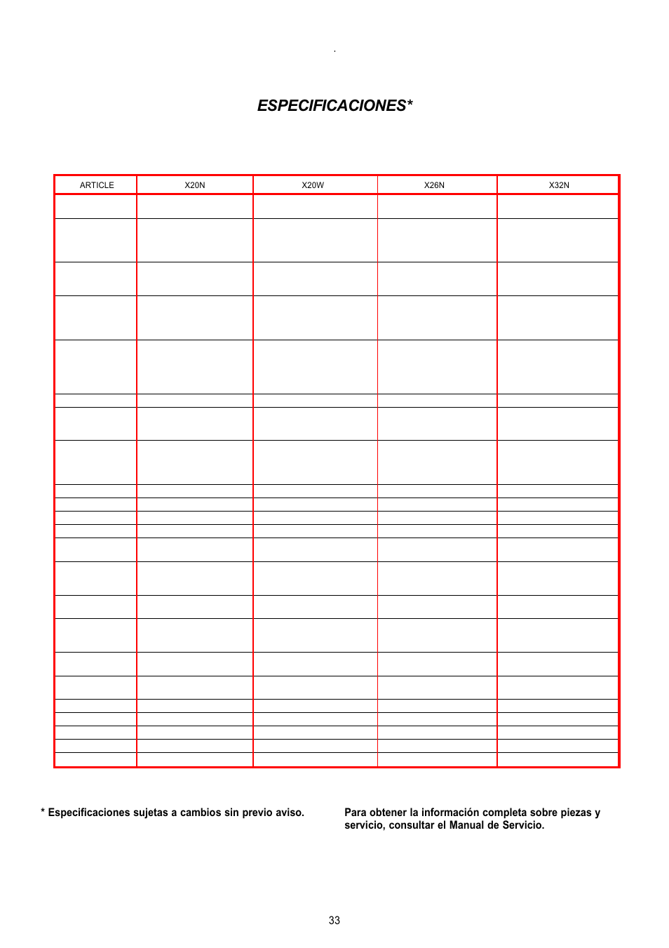 Especificaciones | Snorkel X Series-sn6013-15019 User Manual | Page 33 / 36