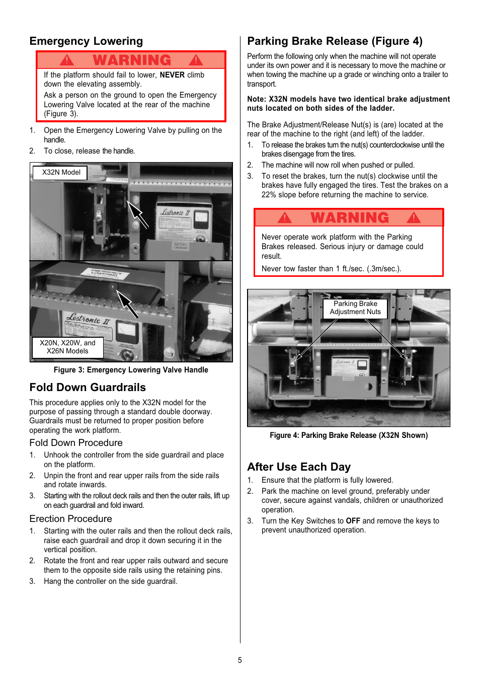 Emergency lowering, Parking brake release (figure 4), Fold down guardrails | After use each day | Snorkel X Series-sn6013-15019 User Manual | Page 5 / 36