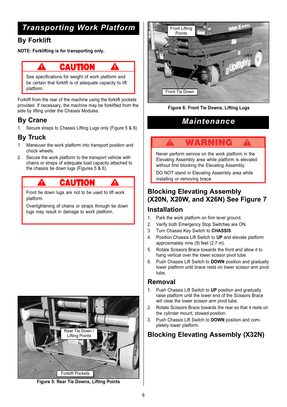 Maintenance, Transporting work platform, Removal | Blocking elevating assembly (x32n), By forklift, By crane, By truck | Snorkel X Series-sn6013-15019 User Manual | Page 6 / 36