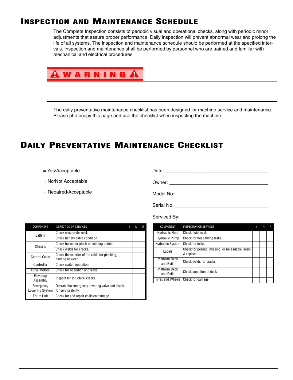Nspection, Aintenance, Chedule | Aily, Reventative, Hecklist | Snorkel X32-sn53100+ User Manual | Page 19 / 26