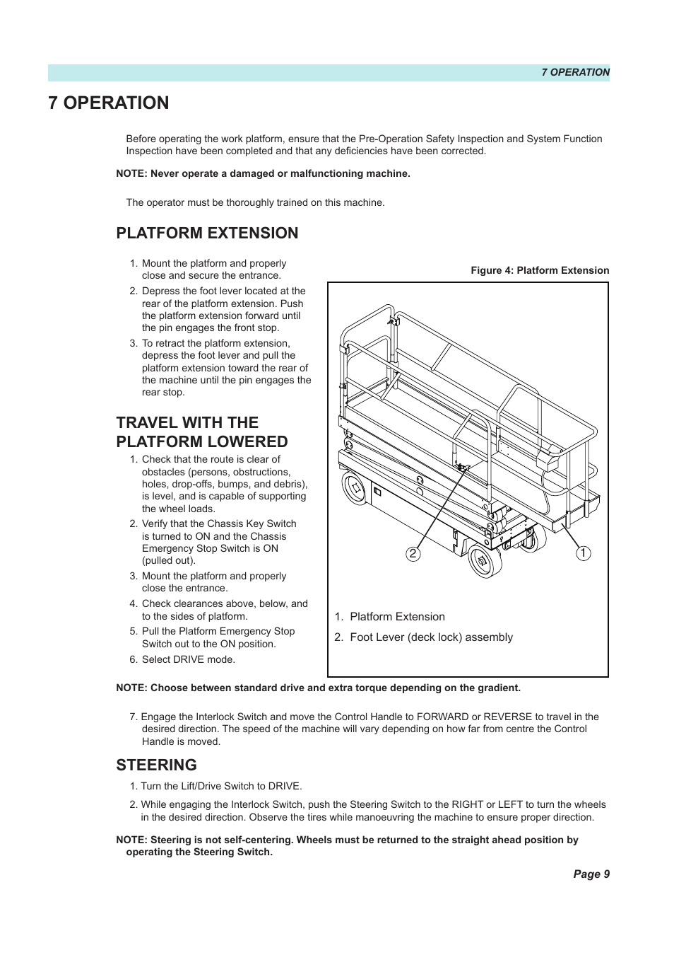 7 operation, Platform extension, Travel with the platform lowered | Steering | Snorkel X26N-sn51089+V-1 User Manual | Page 13 / 28