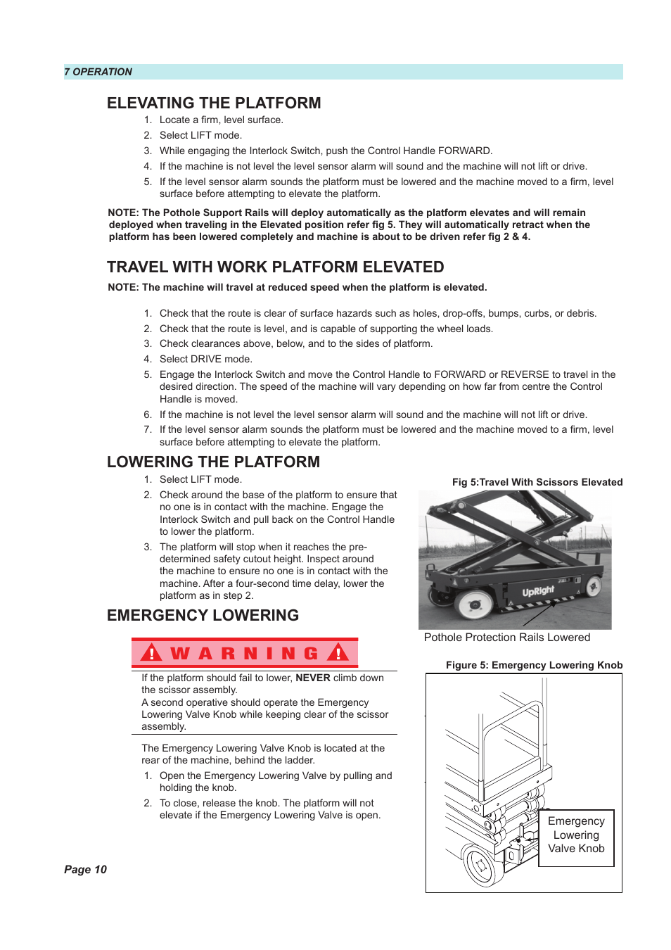 Elevating the platform, Travel with work platform elevated, Lowering the platform | Snorkel X26N-sn51089+V-1 User Manual | Page 14 / 28