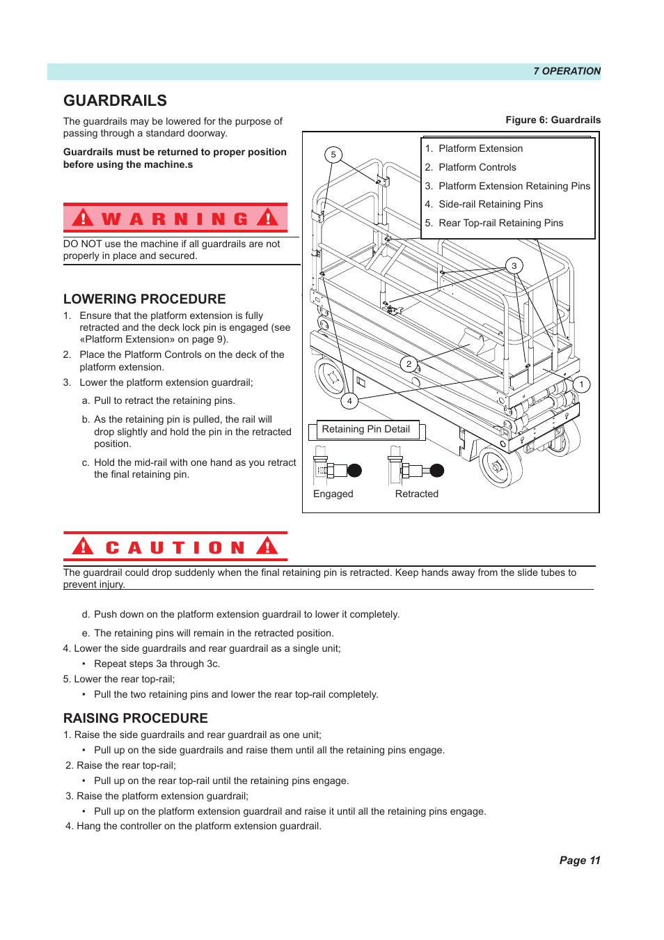 Guardrails, Lowering procedure, Raising procedure | Snorkel X26N-sn51089+V-1 User Manual | Page 15 / 28