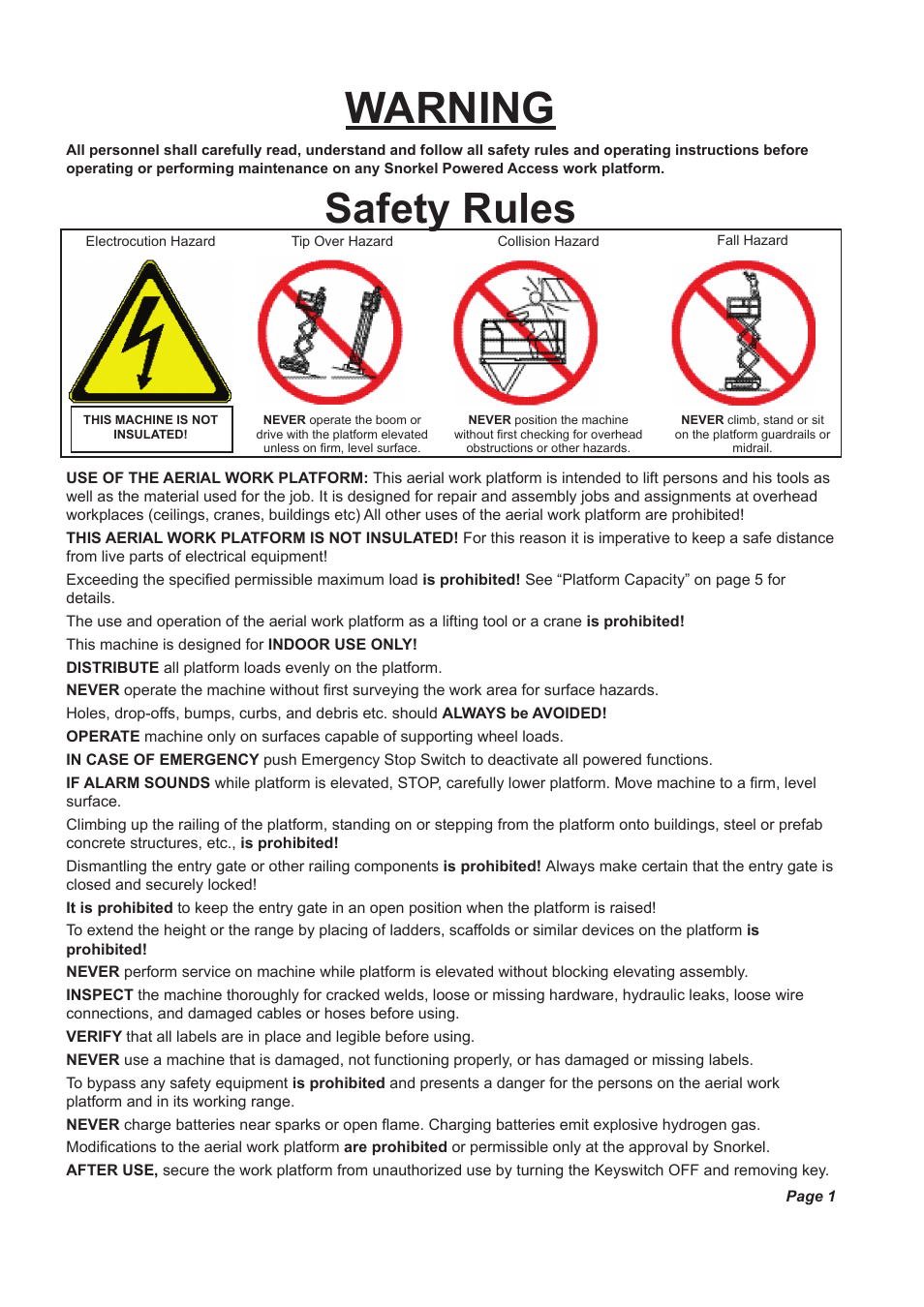 Warning, Safety rules | Snorkel X26N-sn51089+V-1 User Manual | Page 5 / 28
