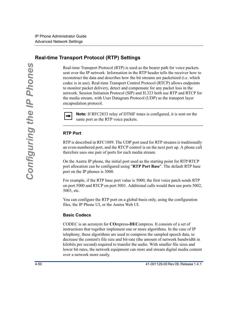 Real-time transport protocol (rtp) settings, Rtp port, Basic codecs | Real-time transport protocol (rtp) settings -50, Configuring the ip phones | Aastra Telecom SIP 480I User Manual | Page 106 / 504