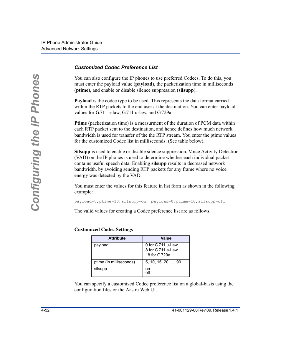 Customized codec preference list, Configuring the ip phones | Aastra Telecom SIP 480I User Manual | Page 108 / 504