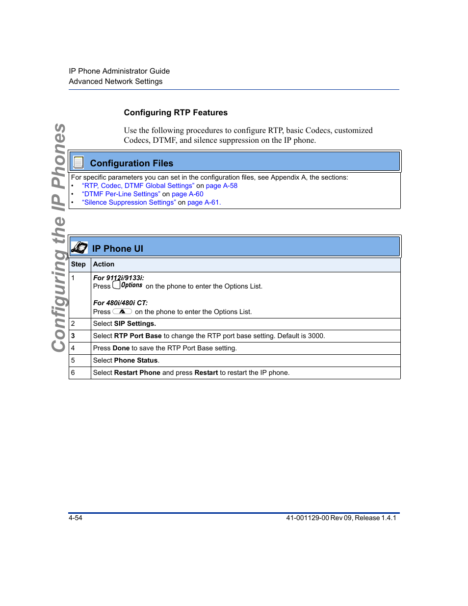 Configuring rtp features, Configuring the ip phones | Aastra Telecom SIP 480I User Manual | Page 110 / 504