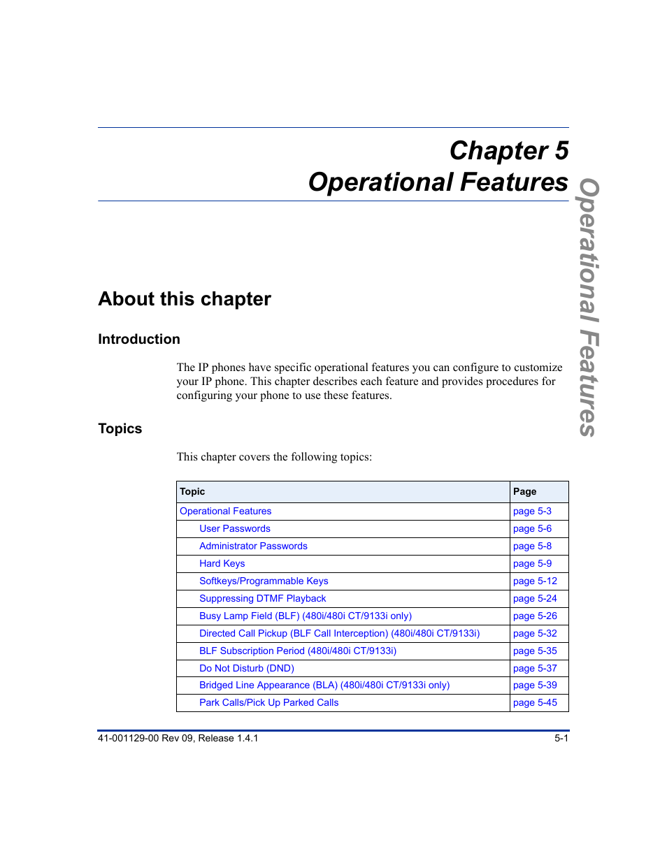 Chapter 5 operational features, About this chapter, About this chapter -1 | Chapter 5 | Aastra Telecom SIP 480I User Manual | Page 113 / 504