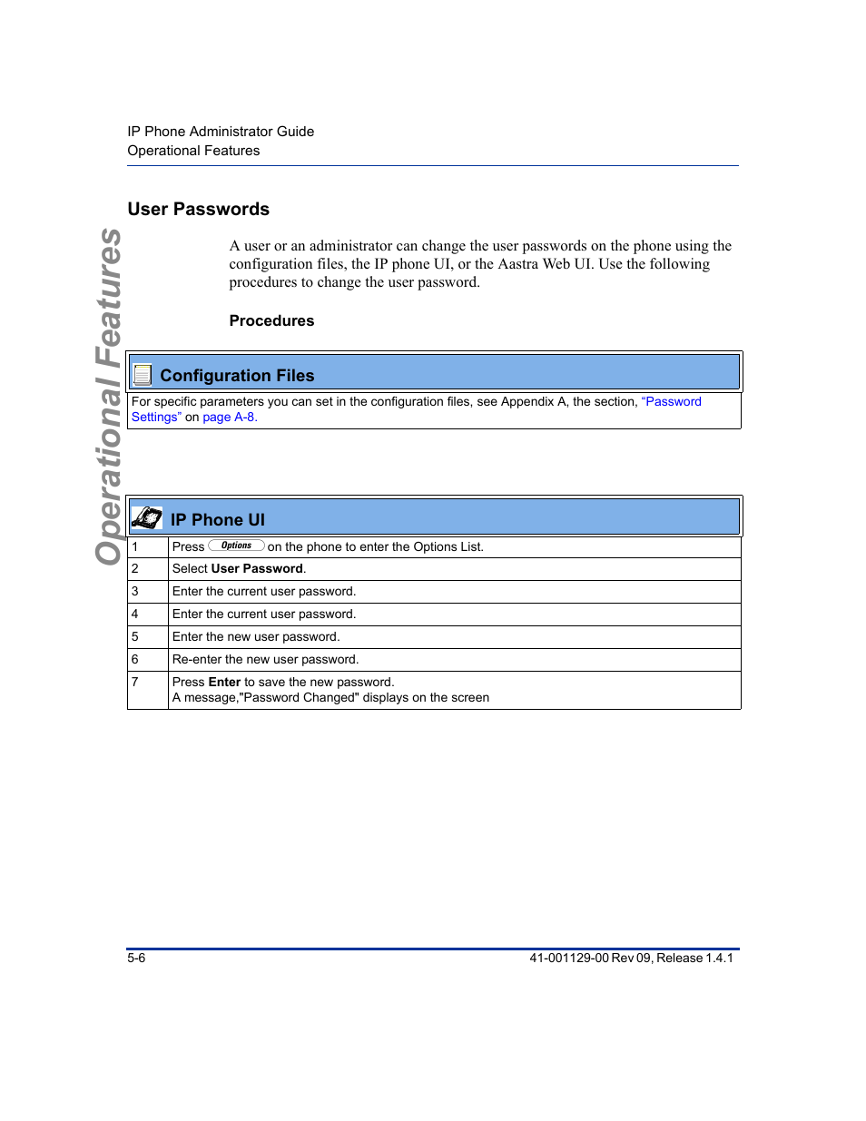 User passwords, Procedures, User passwords -6 | Operational features | Aastra Telecom SIP 480I User Manual | Page 118 / 504